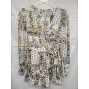 NWT Privy Boho Patchwork Print Long Sleeve Belted Shorts Romper Small Vacay